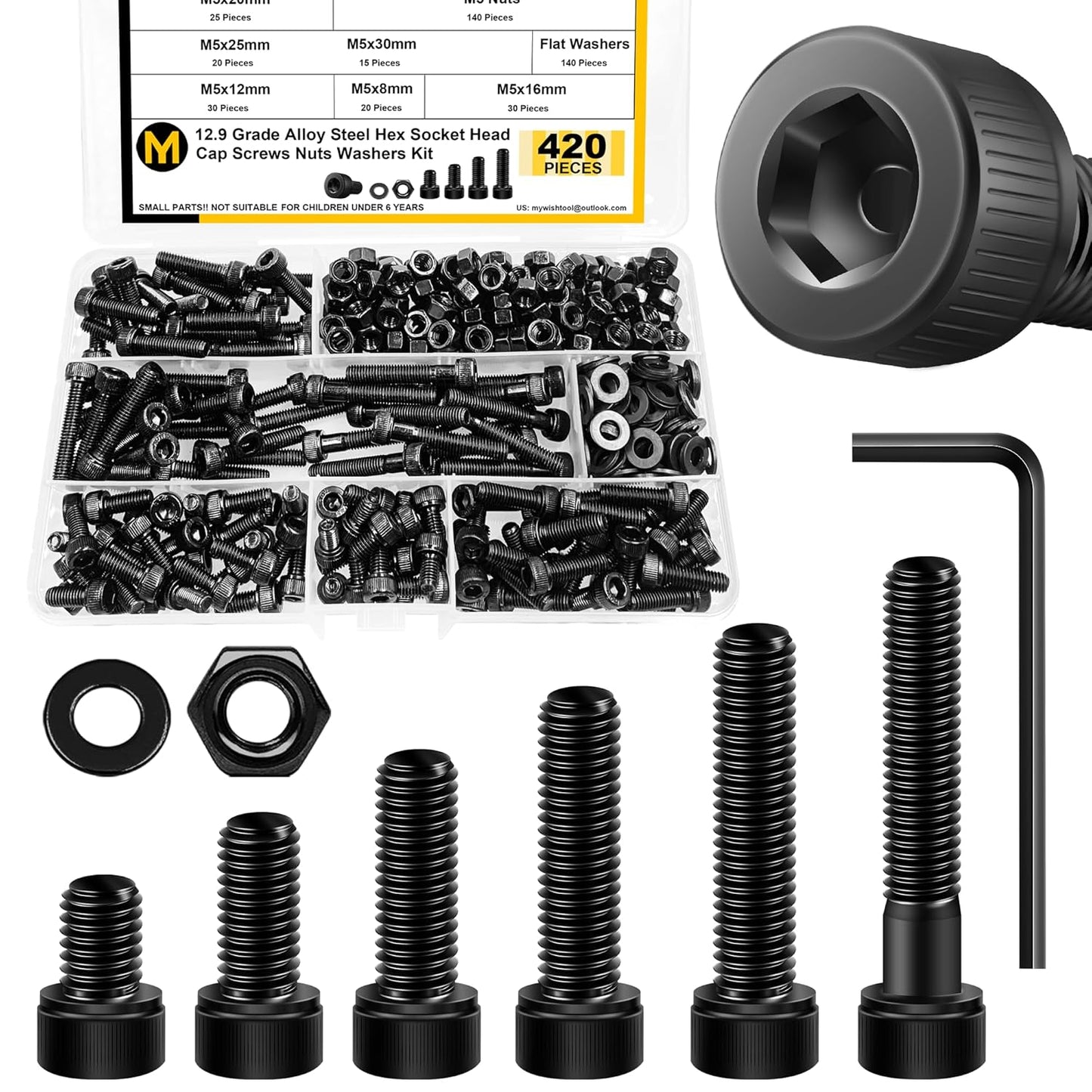 Mywish 900Pcs Metric Screw Assortment, M3 M4 M5 M6 Screw Assortment Kit 304 Stainless Steel Hex Socket Button Head Socket Cap Metric Screws Bolts & Flat Washers/Nuts/Hex Wrenches 16 Sizes 8MM to 20MM - PuriLite
