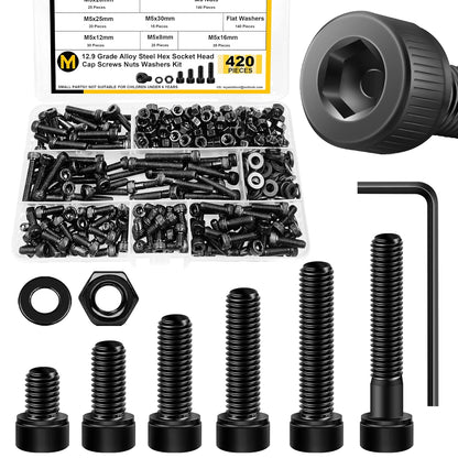Mywish 900Pcs Metric Screw Assortment, M3 M4 M5 M6 Screw Assortment Kit 304 Stainless Steel Hex Socket Button Head Socket Cap Metric Screws Bolts & Flat Washers/Nuts/Hex Wrenches 16 Sizes 8MM to 20MM - PuriLite