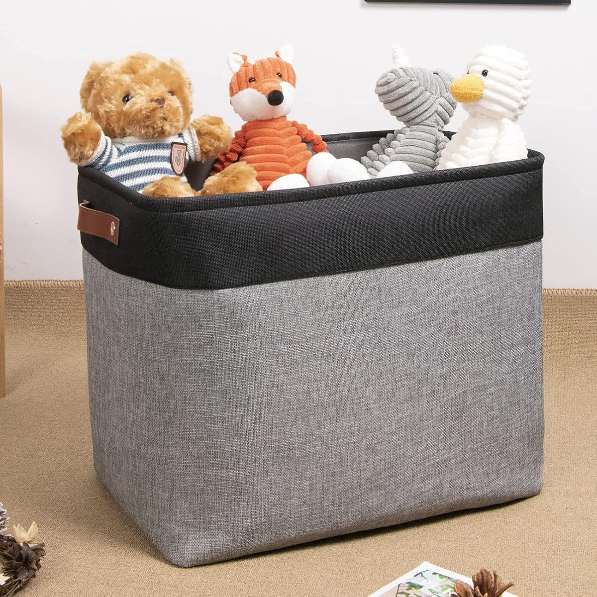 DULLEMELO Storage Baskets for Shelves, Fabric Collapsible Rectangular Storage Bins for Shelves, Closets, Nursery, Home, Office, Empty Gift Baskets (White&Teal) - PuriLite