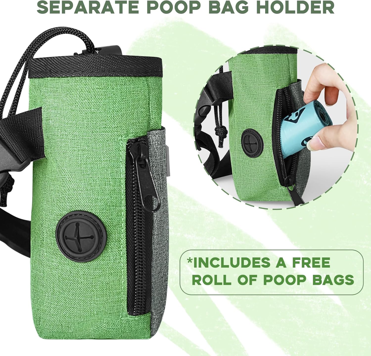 LIOOPET Dog Treat Pouch - Fashionable Green&Grey Design - Large Capacity Dog Treat Bag for Dog Walks, Outdoor Activities, Travel and Training - Includes 1 Poop Bags - PuriLite