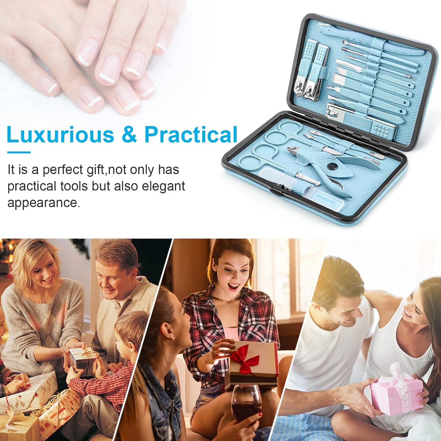 Manicure Set Professional Pedicure Kit Nail Clippers Kit - 18 Pcs Nail Care Tools - Grooming Kit with Luxurious Upgraded Travel Case (Blue) - PuriLite