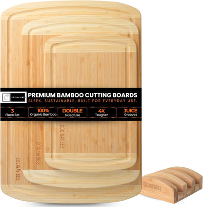 Bamboo Cutting Board Set – Non-Toxic Charcuterie & Chopping Boards for Kitchen, Large & Small Sizes, Safe Cutting Boards for Meat, Cheese, Pizza – Home & Kitchen Gift Idea - PuriLite