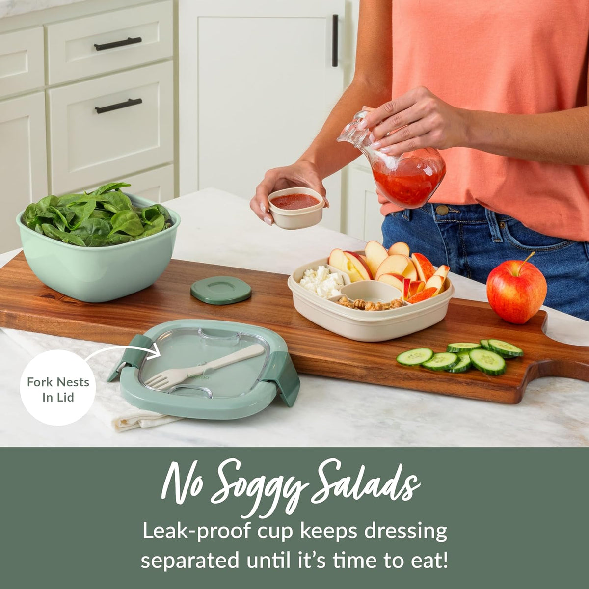 Bentgo Salad - Stackable Lunch Container with Large 54-oz Salad Bowl, 4-Compartment Bento-Style Tray for Toppings, 3-oz Sauce Container for Dressings, Built-in Reusable Fork & BPA-Free (Khaki Green) - PuriLite
