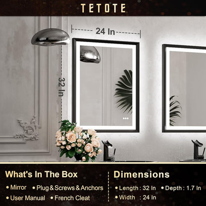 TETOTE 28x36 LED Mirror for Bathroom Black Metal Frame Frontlit & Backlit Lighted Vanity Mirror Baroque Gothic Anti Fog Stepless Dimmable White/Warm/Natural,Wall Mounted(Horizontal/Vertical) - PuriLite