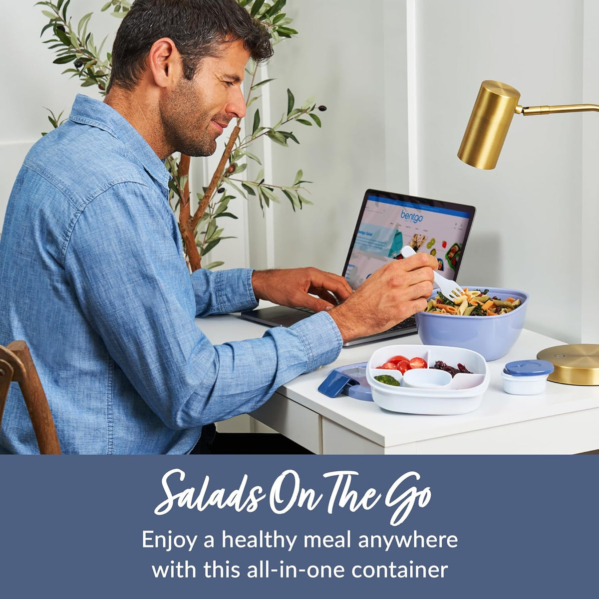 Bentgo Salad - Stackable Lunch Container with Large 54-oz Salad Bowl, 4-Compartment Bento-Style Tray for Toppings, 3-oz Sauce Container for Dressings, Built-in Reusable Fork & BPA-Free (Khaki Green) - PuriLite