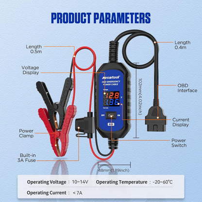 MR CARTOOL OBD2 Car Memory Saver Cable with Voltage and Current Display, Vehicle Emergency Power Supply Cable 12V withAuto Leakage Detection,2 Alligator Clips&3A Fuse