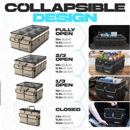 FORTEM Car Trunk Organizer, Collapsible Multi Compartment Car Organizer, Foldable SUV Storage for Car Accessories for Women Men, Non Slip Bottom, Securing Straps, Soft Cover 50L (Black, Standard) - PuriLite