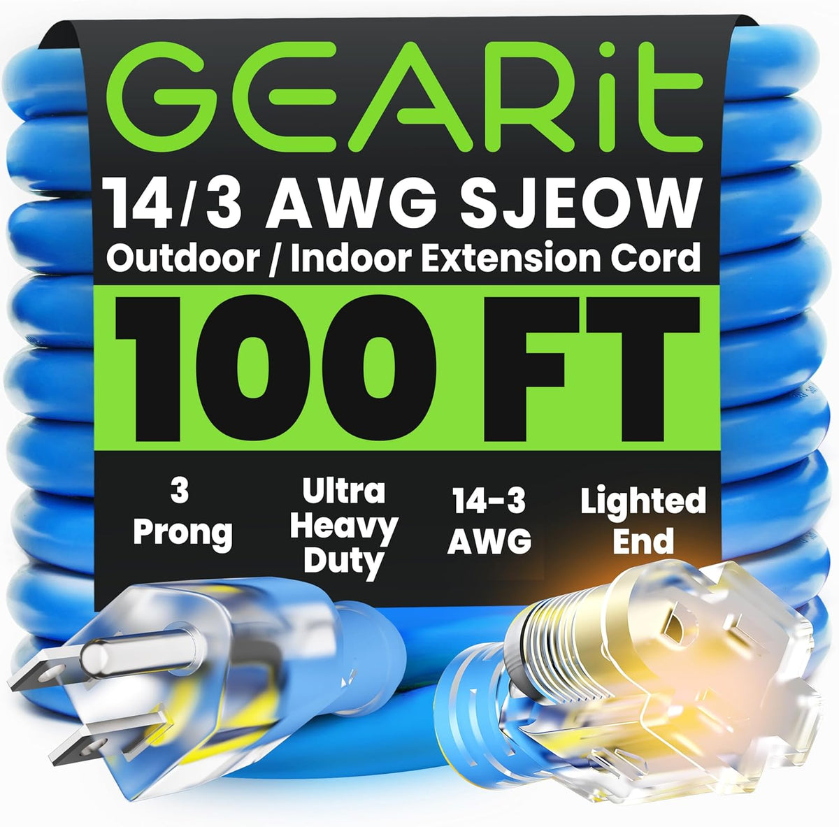 GEARit Outdoor 14 AWG Gauge 3 Prong Plug, Extension Cord, Ultra Heavy Duty SJEOW, 14/3, for Indoor/Outdoor, LED Lighted Plug, Resistant Rubber Jacket, Extreme Weather, 100 Feet, Blue - PuriLite