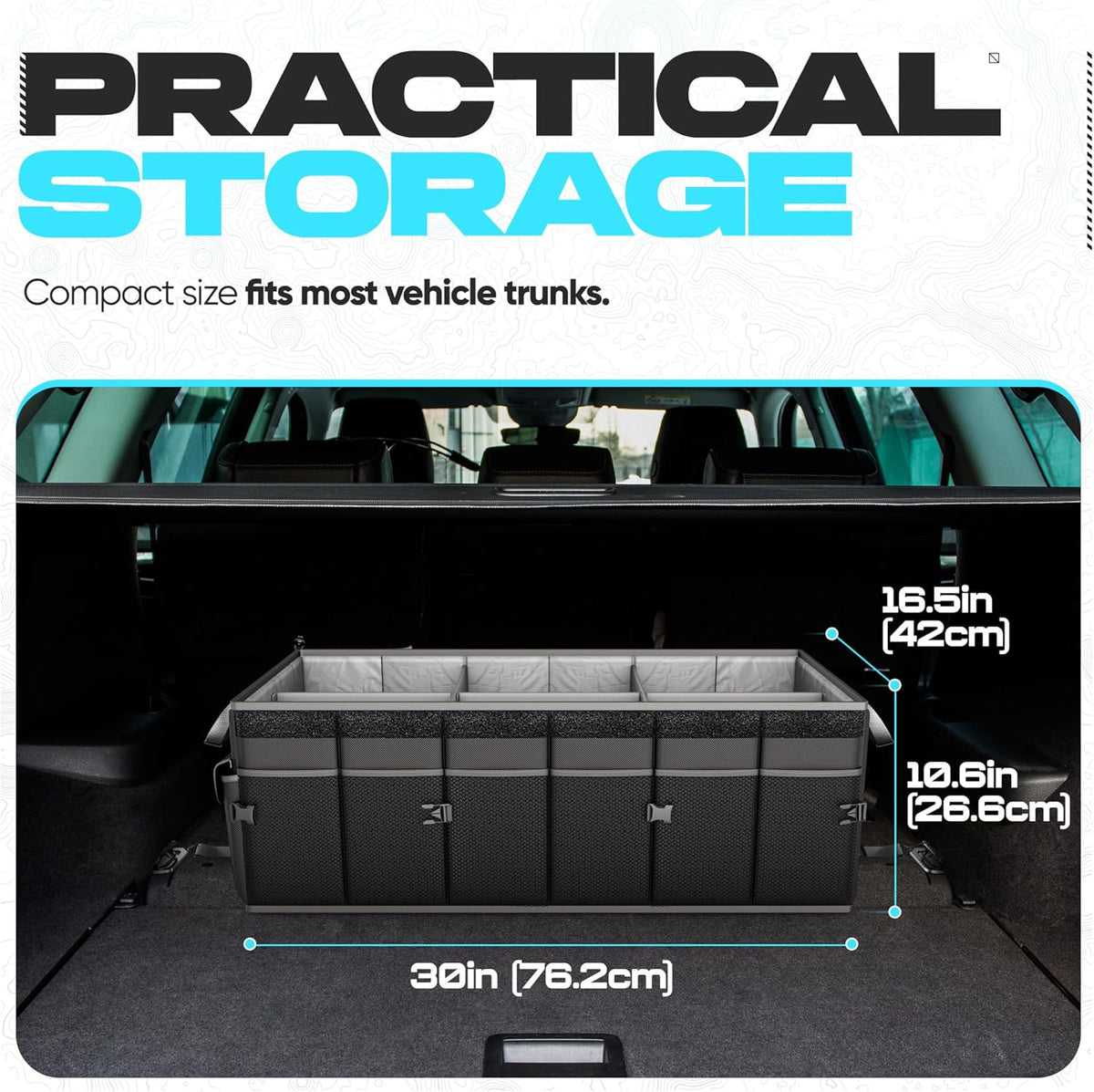 FORTEM Car Trunk Organizer, Collapsible Multi Compartment Car Organizer, Foldable SUV Storage for Car Accessories for Women Men, Non Slip Bottom, Securing Straps, Soft Cover 50L (Black, Standard) - PuriLite
