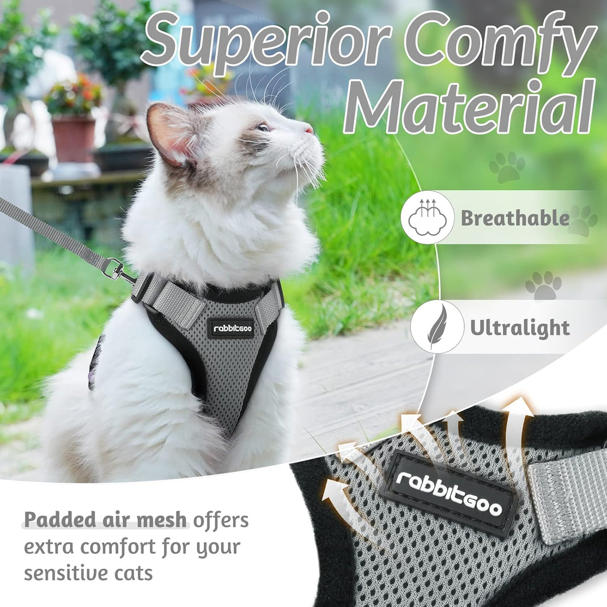 rabbitgoo Cat Harness and Leash for Walking, Escape Proof Soft Adjustable Vest Harnesses for Small Medium Cats, Easy Control Breathable Reflective Strips Jacket, XS, Black - PuriLite
