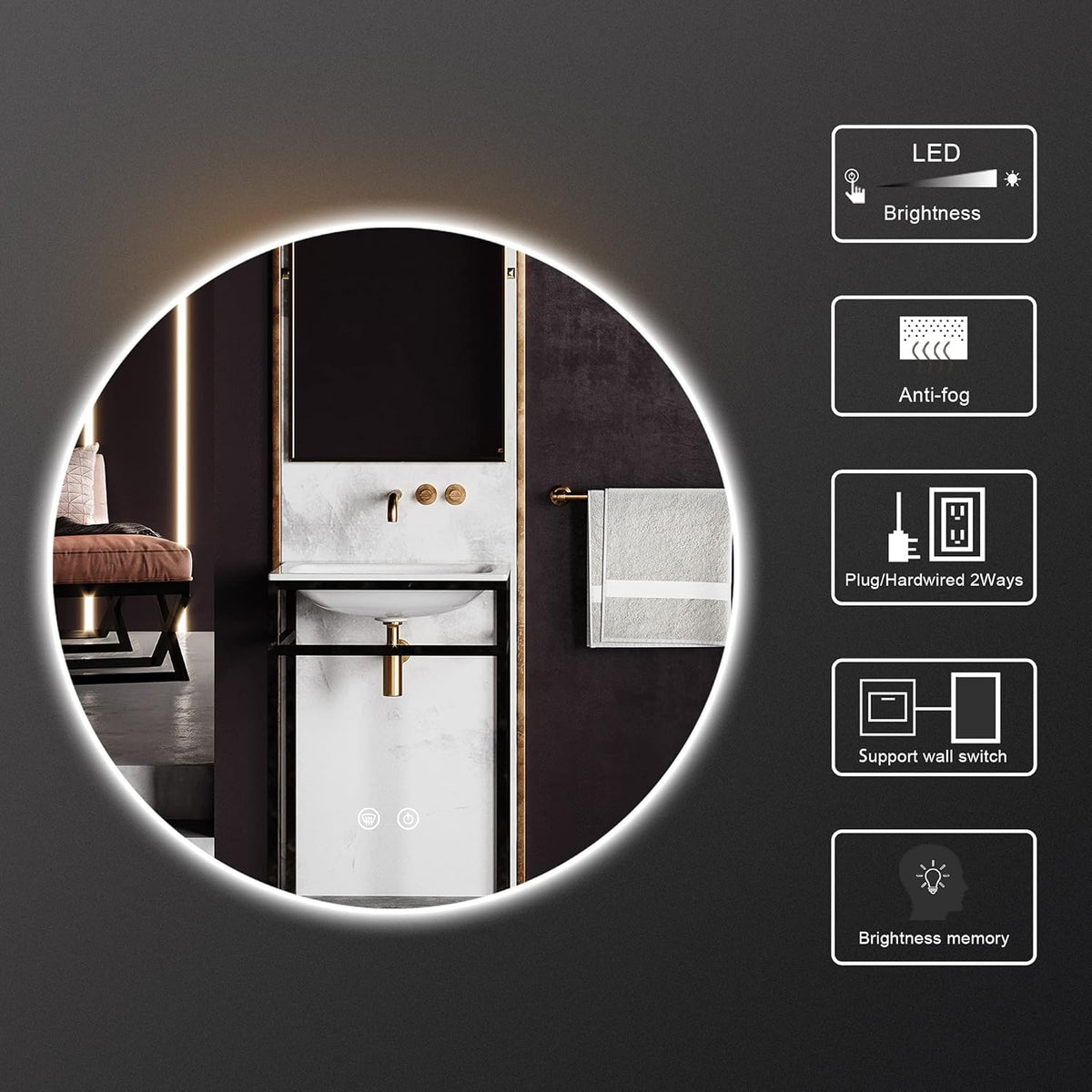 TETOTE 28 Inch Round LED Bathroom Vanity Mirror, Anti-Fog Dimmable Lights IP54 Waterproof Circle Makeup Wall Mounted Mirror - PuriLite