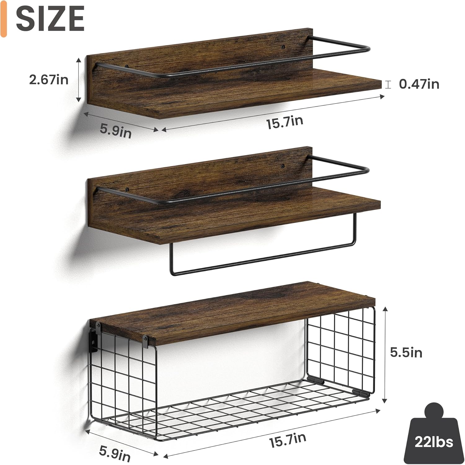Bathroom Shelves with Wire Storage Basket, Wood Wall Mounted Floating Shelves Over Toilet Paper Holder with Towel Bar for Bedroom, Living Room, Kitchen and Bathroom - PuriLite
