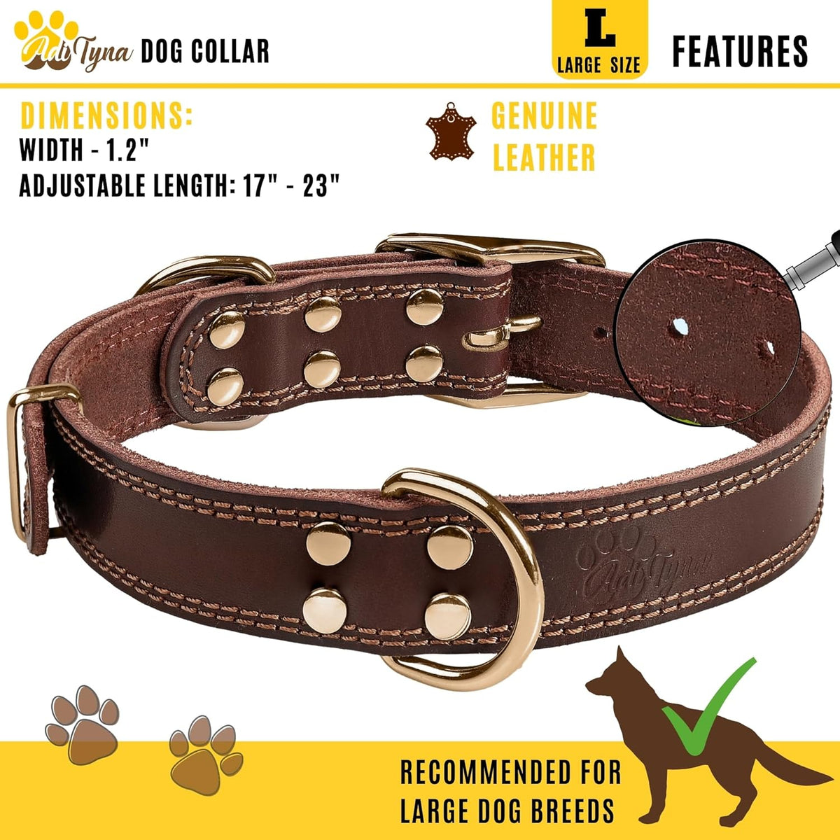 ADITYNA Heavy-Duty Leather Dog Collar for Medium Dogs - Soft and Strong, 100% Genuine Leather - Collier Pour Chien (Medium: Fit 13" - 20" Neck, Brown) - PuriLite