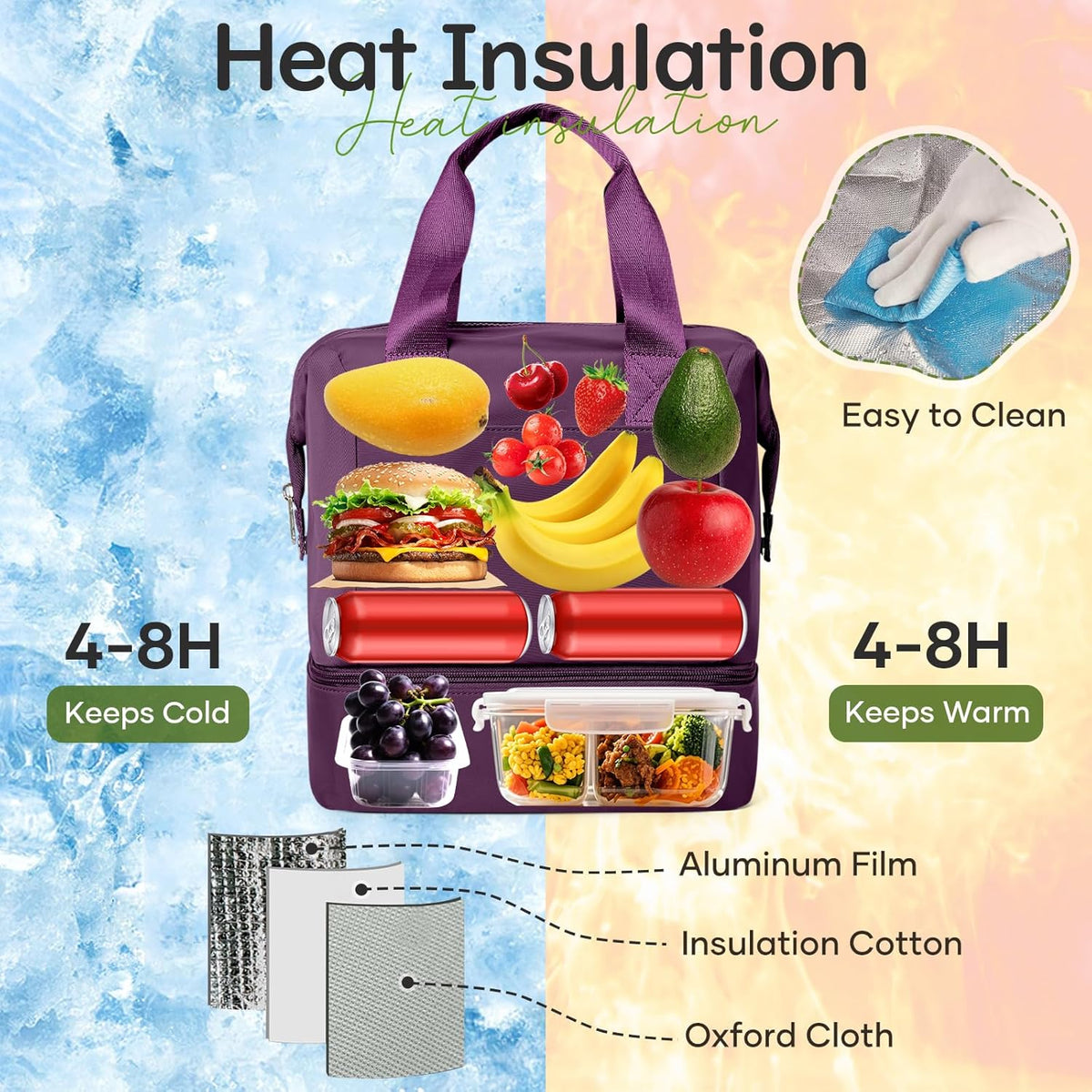 Lunch Bag Insulated Lunch Box Leakproof Lunch Tote Bags for Women Men,Portable Thermal Cooler Bag Lunch Containers with Shoulder Strap for Work, Family, Picnic, School, Outdoor,BBQ C2-Pinkpurple - PuriLite