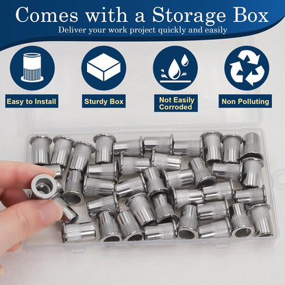 Vifmy Metric & SAE Rivet Nut Assortment Kit(420 Pcs),m3 m4 m5 m6 m8 m10 m12#6-32#8-32#10-24 1/4"-20 5/16"-18 3/8"-16 UNC Flat Head Rivnut Set,Zinc Plated Finish Carbon Steel Nutsert - PuriLite