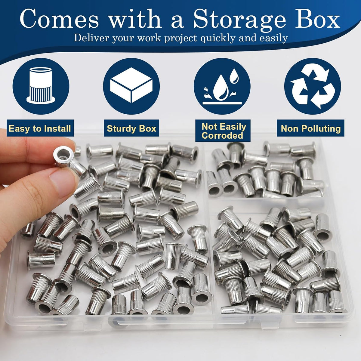 Vifmy Metric & SAE Rivet Nut Assortment Kit(420 Pcs),m3 m4 m5 m6 m8 m10 m12#6-32#8-32#10-24 1/4"-20 5/16"-18 3/8"-16 UNC Flat Head Rivnut Set,Zinc Plated Finish Carbon Steel Nutsert - PuriLite