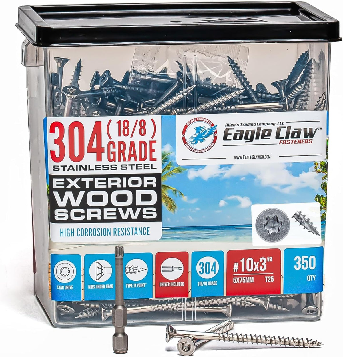 #10 x 3 Inch Stainless Steel Deck Screws 350 Pieces | T25 Star Torx Drive Flat Head | 304 Grade Stainless Steel Wood Screws High Corrosion Resistance by Allen's Trading Co. Eagle Claw Fasteners - PuriLite