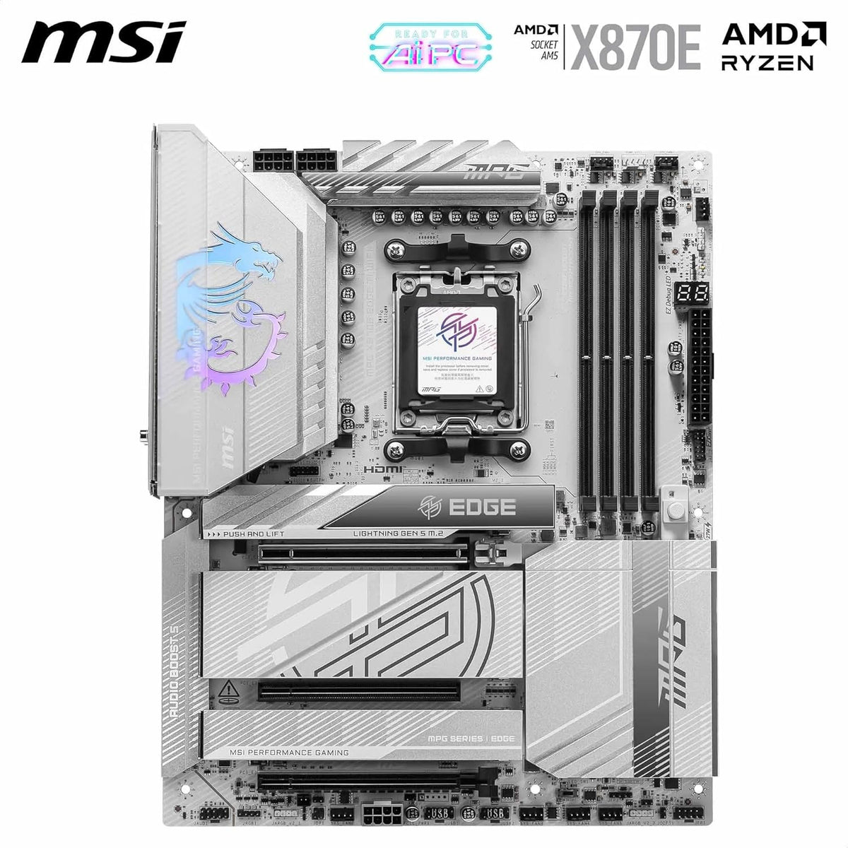 MSI MPG X870E Edge TI WiFi Gaming Motherboard (AMD Ryzen 9000/8000/7000 Series Processors, AM5, DDR5, PCIe 4.0, M.2, SATA 6Gb/s, USB 3.2 Gen 2, HDMI/DP, Wi-Fi 7, Bluetooth 5.3, 2.5Gbps LAN, ATX) - PuriLite