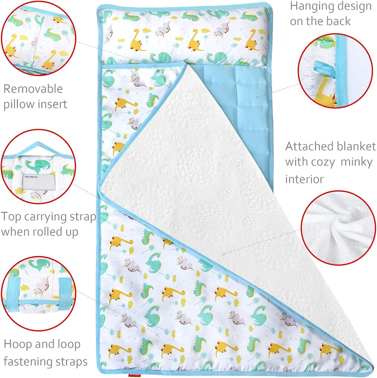 Toddler Nap Mat with Pillow and Fleece Minky Blanket, Kids Sleeping Bag Lightweight and Soft Perfect for Kids Preschool, Daycare, Travel Sleeping Bag Boys and Girls, Fit Standard Cot - PuriLite