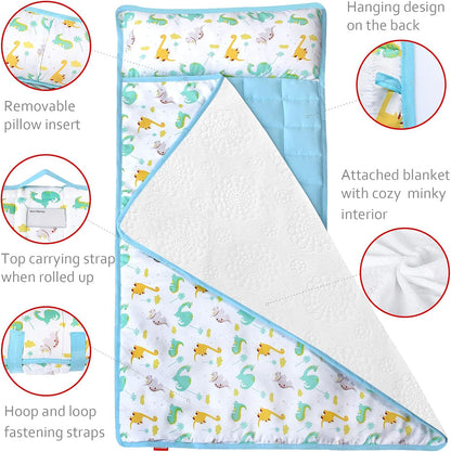 Toddler Nap Mat with Pillow and Fleece Minky Blanket, Kids Sleeping Bag Lightweight and Soft Perfect for Kids Preschool, Daycare, Travel Sleeping Bag Boys and Girls, Fit Standard Cot - PuriLite