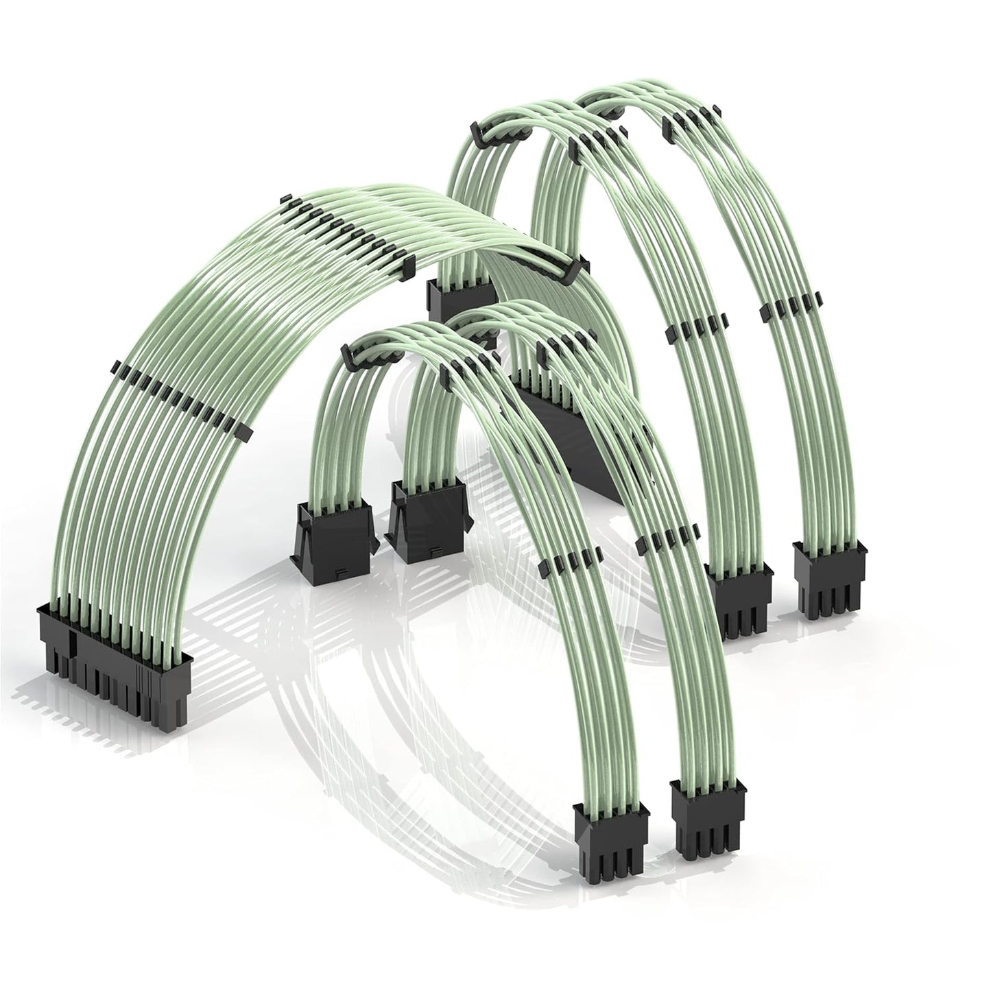 LINKUP - 30cm Super Soft and Flexible PSU Cable Extension Sleeved Custom Mod GPU PC Braided w/Comb Kit | 1 x 24 P (20+4) | 2 x 8 P (4+4) CPU | 2 x 8 P (6+2) GPU Set | 300mm - Blackgreen - PuriLite
