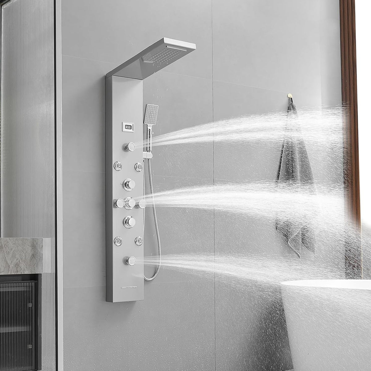 Bathfinesse Shower Tower Bathroom Shower Panel System Rain Massage System 6 in 1 Body Spray Jets Shower Wall Panels Rainfall Waterfall Shower Head Tub Spout with Temperature Display,Matte Black - PuriLite