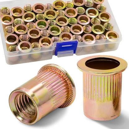 Vifmy Metric & SAE Rivet Nut Assortment Kit(420 Pcs),m3 m4 m5 m6 m8 m10 m12#6-32#8-32#10-24 1/4"-20 5/16"-18 3/8"-16 UNC Flat Head Rivnut Set,Zinc Plated Finish Carbon Steel Nutsert - PuriLite