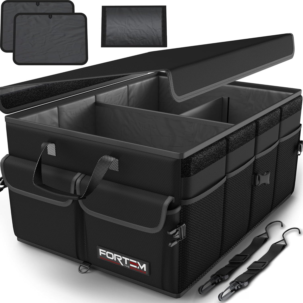 FORTEM Car Trunk Organizer, Collapsible Multi Compartment Car Organizer, Foldable SUV Storage for Car Accessories for Women Men, Non Slip Bottom, Securing Straps, Soft Cover 50L (Black, Standard) - PuriLite