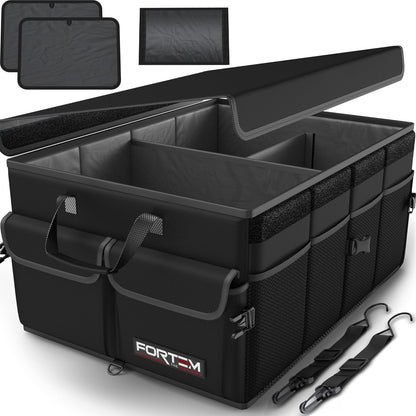 FORTEM Car Trunk Organizer, Collapsible Multi Compartment Car Organizer, Foldable SUV Storage for Car Accessories for Women Men, Non Slip Bottom, Securing Straps, Soft Cover 50L (Black, Standard) - PuriLite
