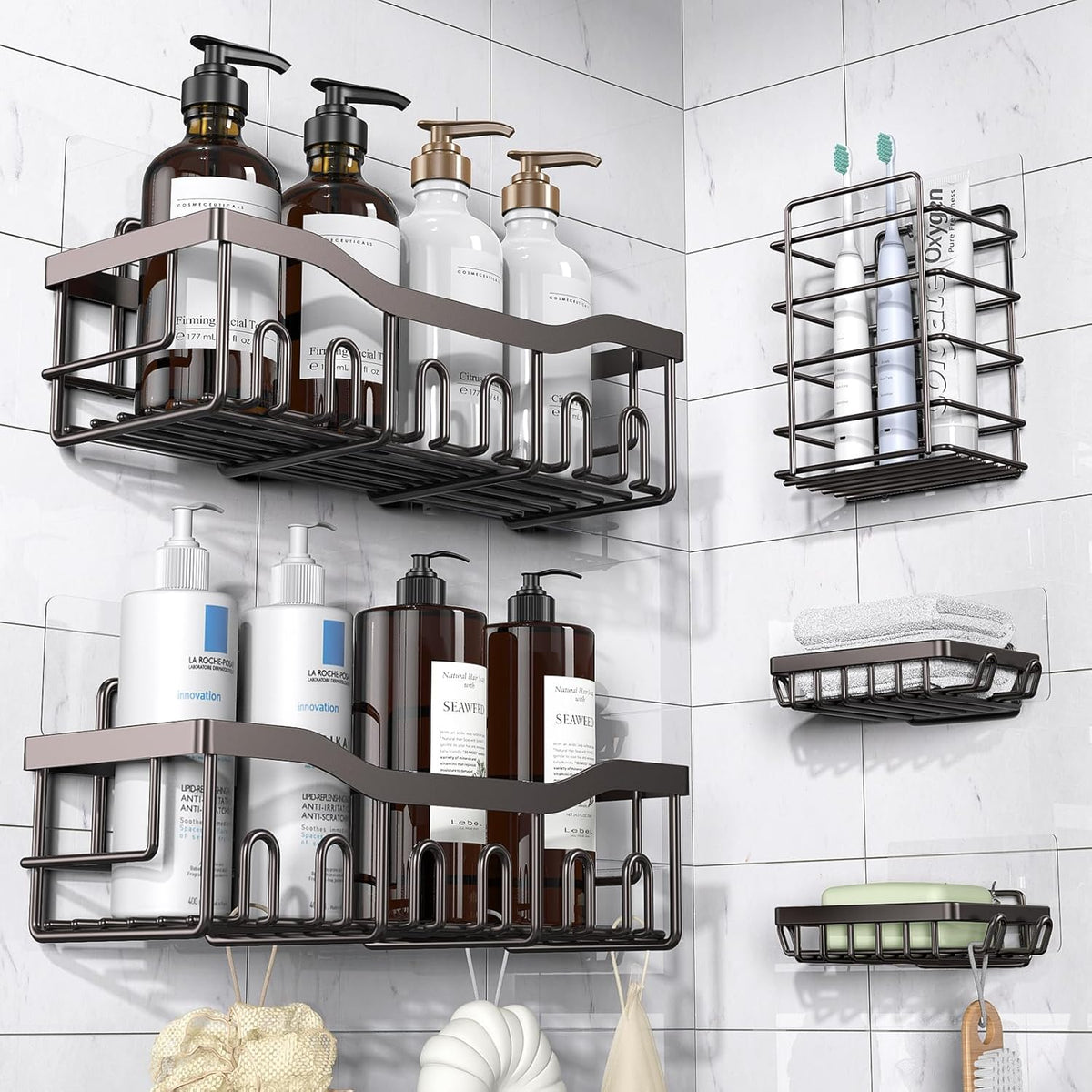EUDELE 5-Pack Rustproof Stainless Steel Shower Caddy – No Drill Adhesive Bathroom Organizer with Large Capacity, Spacious Shower Shelves for Inside Shower, Kitchen & Home Decor Storage - PuriLite