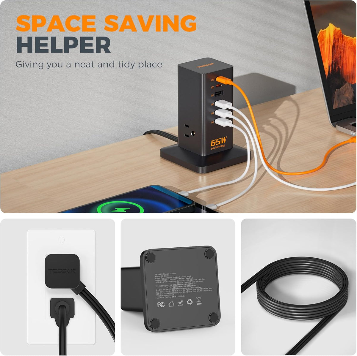 Charging Station, TESSAN 65W Max GaN USB C Charger Block, 6-Ports and 3 AC Outlets Power Tower, Fast Charging for Multiple Devices, Compatible with iPhone, Samsung and More - PuriLite