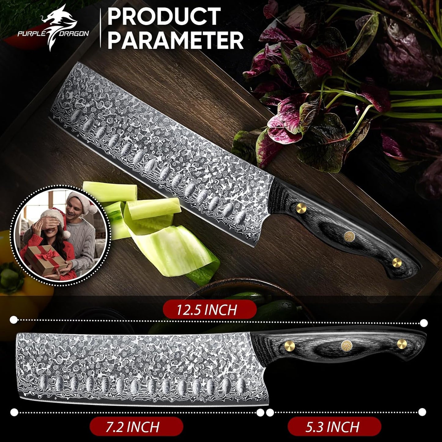 Purple Dragon Damascus Fish Fillet Knife - 7 inch Flexible Boning Knife with VG10 Core, Kitchen Slicing Knife with Full Tang Handle, Birthday Dad Mom Gift - PuriLite