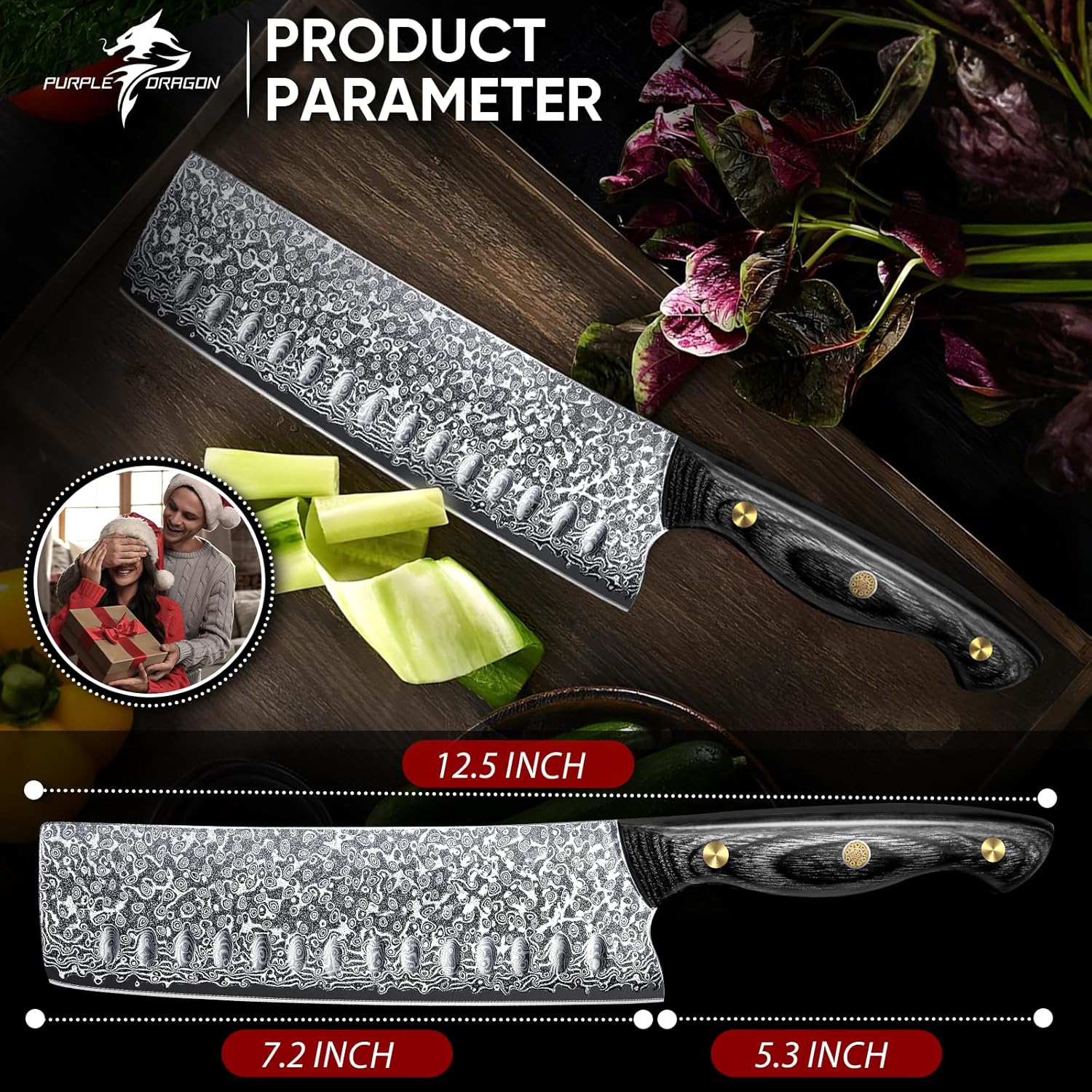 Purple Dragon Damascus Fish Fillet Knife - 7 inch Flexible Boning Knife with VG10 Core, Kitchen Slicing Knife with Full Tang Handle, Birthday Dad Mom Gift - PuriLite
