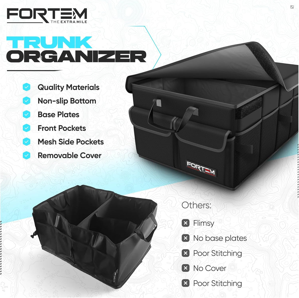 FORTEM Car Trunk Organizer, Collapsible Multi Compartment Car Organizer, Foldable SUV Storage for Car Accessories for Women Men, Non Slip Bottom, Securing Straps, Soft Cover 50L (Black, Standard) - PuriLite
