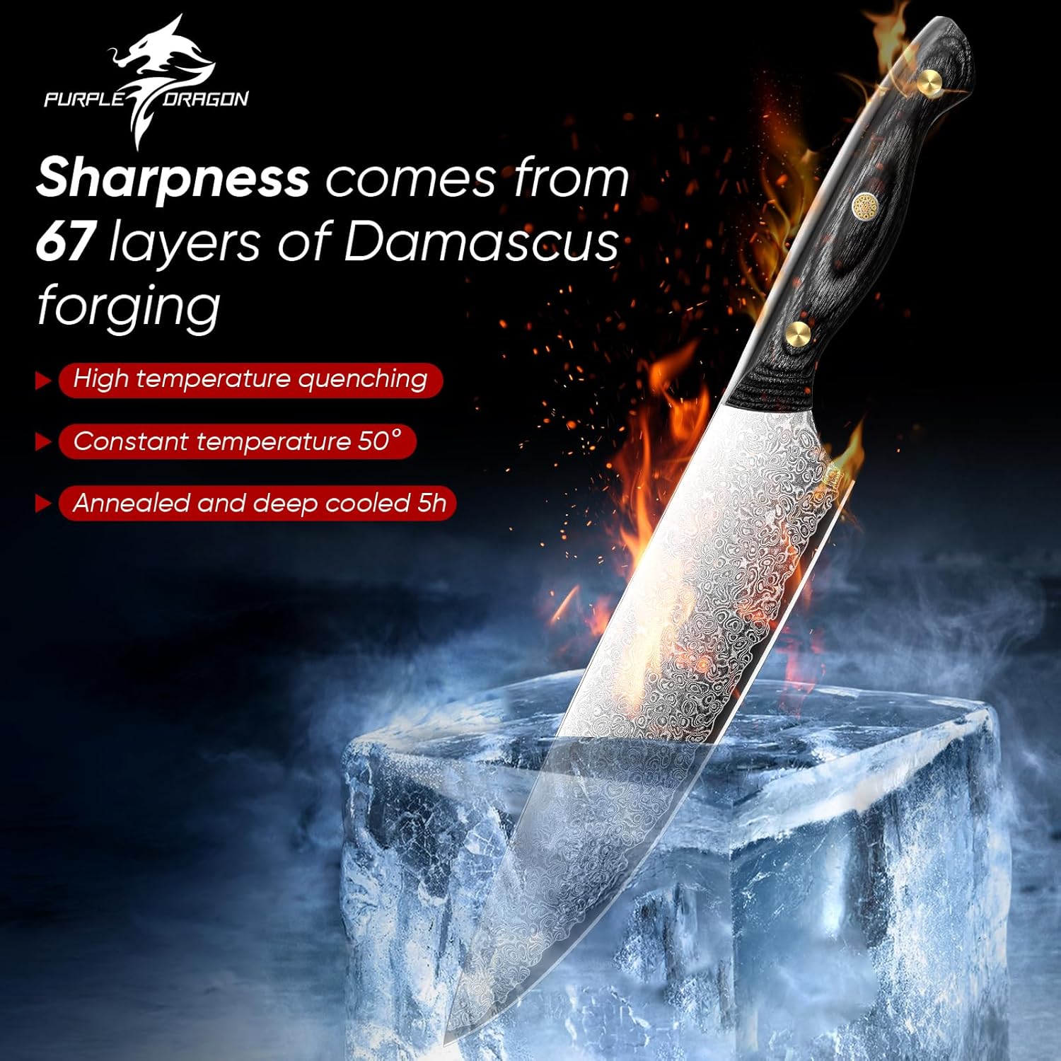 Purple Dragon Damascus Fish Fillet Knife - 7 inch Flexible Boning Knife with VG10 Core, Kitchen Slicing Knife with Full Tang Handle, Birthday Dad Mom Gift - PuriLite