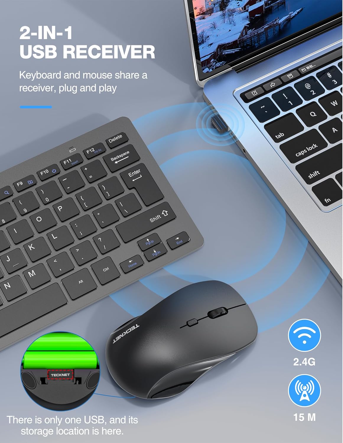 TECKNET Keyboard and Mouse Wireless - Compact 2.4GHz Wireless Keyboard and Mouse Combo with Adjustable DPI, Ultra-Quiet Clicks, Lag-Free Performance for Computer, Laptop, PC, Windows, Mac, Chrome OS - PuriLite