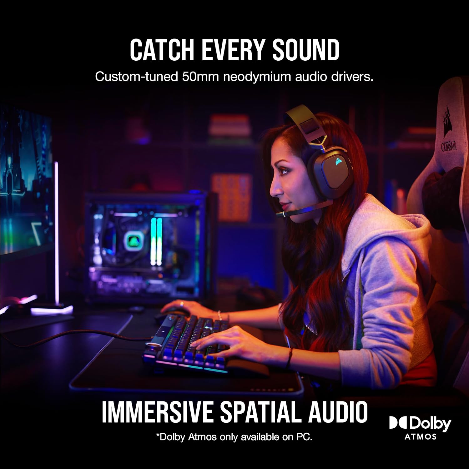 Corsair HS80 RGB USB Premium Gaming Headset with Dolby Audio 7.1 Surround Sound (Broadcast-Grade Omni-Directional Microphone, Memory Foam Earpads, High-Fidelity Sound, Durable Construction) Carbon - PuriLite
