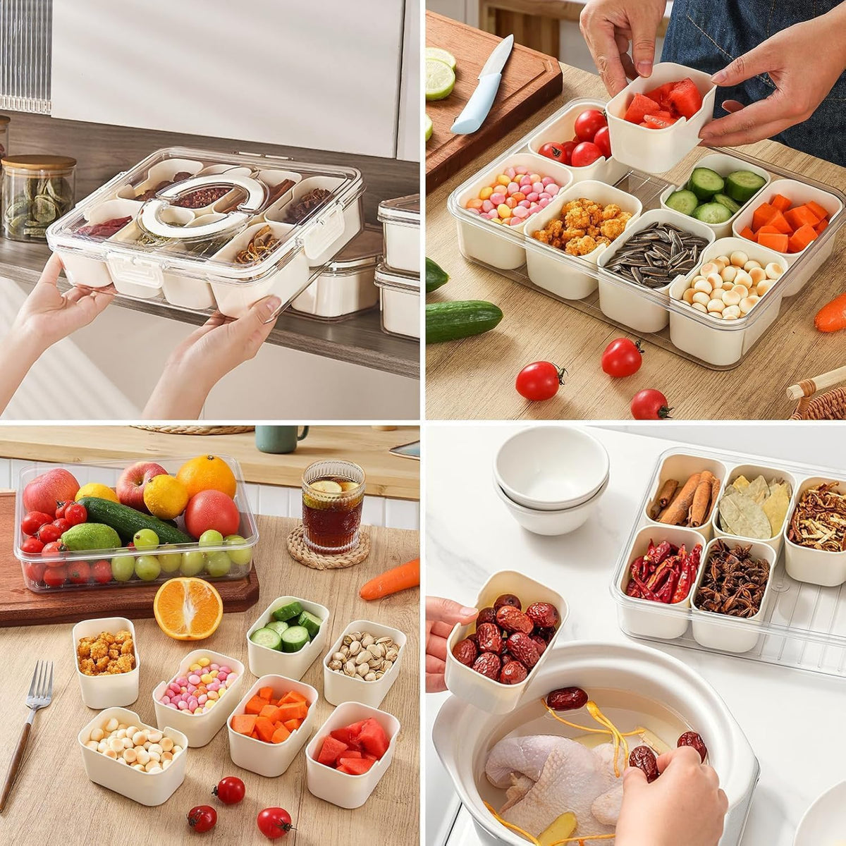 KIGITIONE Snackle Box, Pink 8 Compartments Portable Serving Tray, Divided Snackle Box Container with Lid and Handle, Snack Organizer for Fruits, Snacks, Nuts, Candy, Ideal for Party, Travel & Picnics - PuriLite