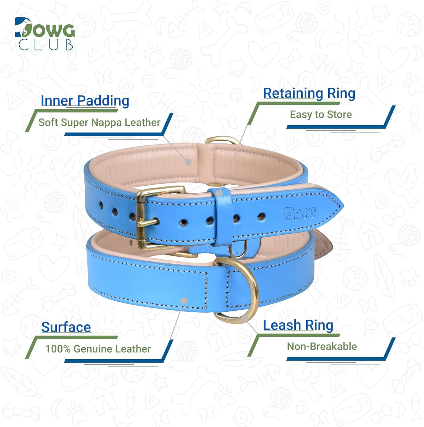DowgClub | Genuine Leather Dog Collar | Full Grain, Heavy Duty | Comfortable, Strong | Best for Pups, Small, Medium & Large Breeds | Pink, Brown, Black, Tan - PuriLite