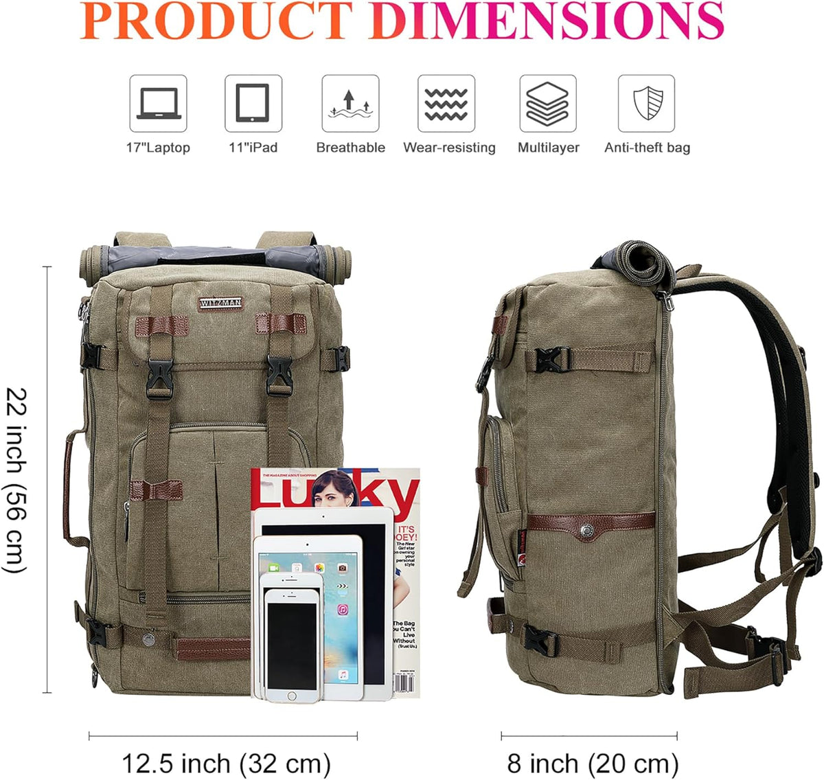 WITZMAN Canvas Backpack Vintage Travel Backpack Large Laptop Bags Convertible Shoulder Rucksack - PuriLite