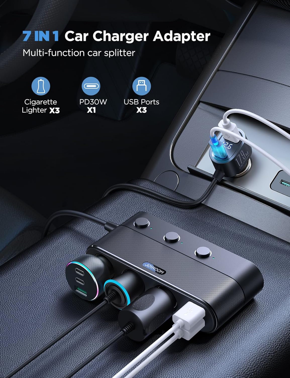 [Upgraded 179W] 7 in 1 Cigarette Lighter Adapter, JOYROOM Car Charger Adapter with PD30W Charge(3.3FT Cable), 24V/ 12V Cigarette Lighter Splitter with Independent Switches & LED Voltage Display - PuriLite