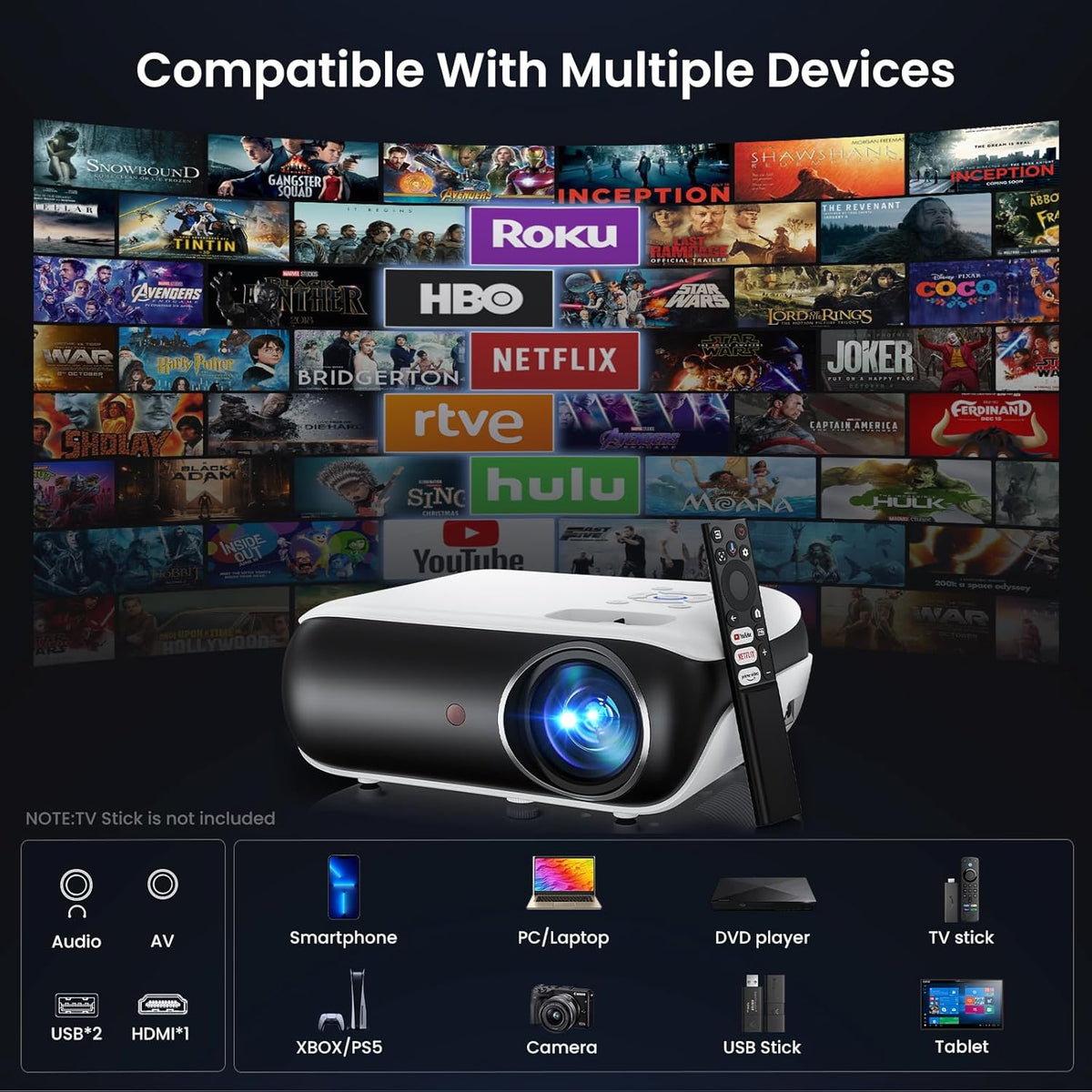 Official Licensed Google TV Smart Projector, HAPPRUN Projector 4k Support with Dolby Sound, Built-in Streaming Apps, Native 1080P, Wi-Fi & Bluetooth, Projecteur for Home Cinema,Gaming,Outdoor - PuriLite
