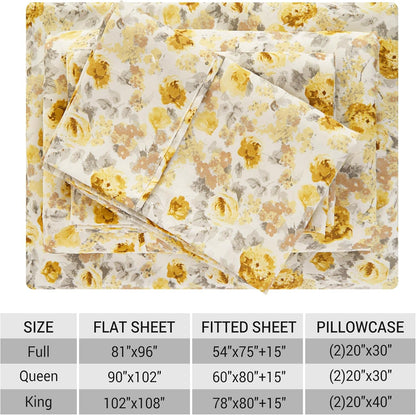 Viviland Floral Queen Sheet Set - 4 Piece Vintage Pink & Yellow Flower Patterned Bed Sheets - Soft, Breathable Microfiber Sheets with Deep Pocket, Non-Slip Fitted Sheets & Pillowcases - PuriLite