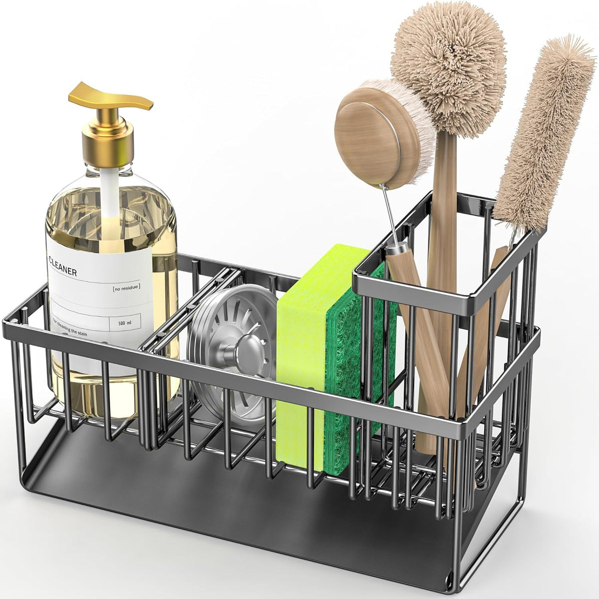 Cisily Kitchen Sink Caddy Organzier with High Brush Holder, Sponge Holder for Sink, 304 Rustproof Stainless, Kitchen Countertop Soap Dispenser Organizer, Kitchen Decor and Accessories (Black) - PuriLite
