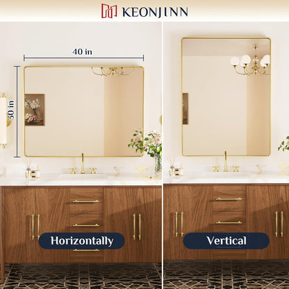 Keonjinn 42 x 36 Brushed Nickel Bathroom Vanity Mirror, Large Rounded Rectangle Bathroom Mirrors for over Sink, Metal Framed Silver Mirror for Wall, Shatterproof HD Tempered Glass(Horizontal/Vertical) - PuriLite