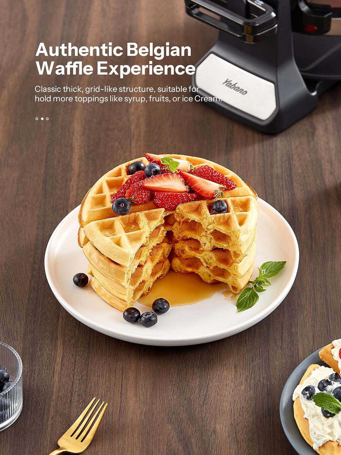 Belgian Waffle Maker with Double Waffle Plate, Yabano Rotating Waffle Iron with Nonstick Plates, Removable Drip Tray and Cool Touch Handles, Gaufrier Belge, Stainless Steel - PuriLite