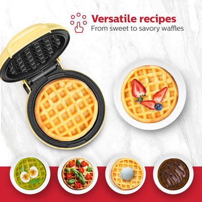 Holstein Housewares Personal/Mini Waffle Maker, Non-Stick Coating, Yellow - 4-inch Waffles in Minutes, Ideal for Breakfast, Brunch, Lunch or Snacks - PuriLite