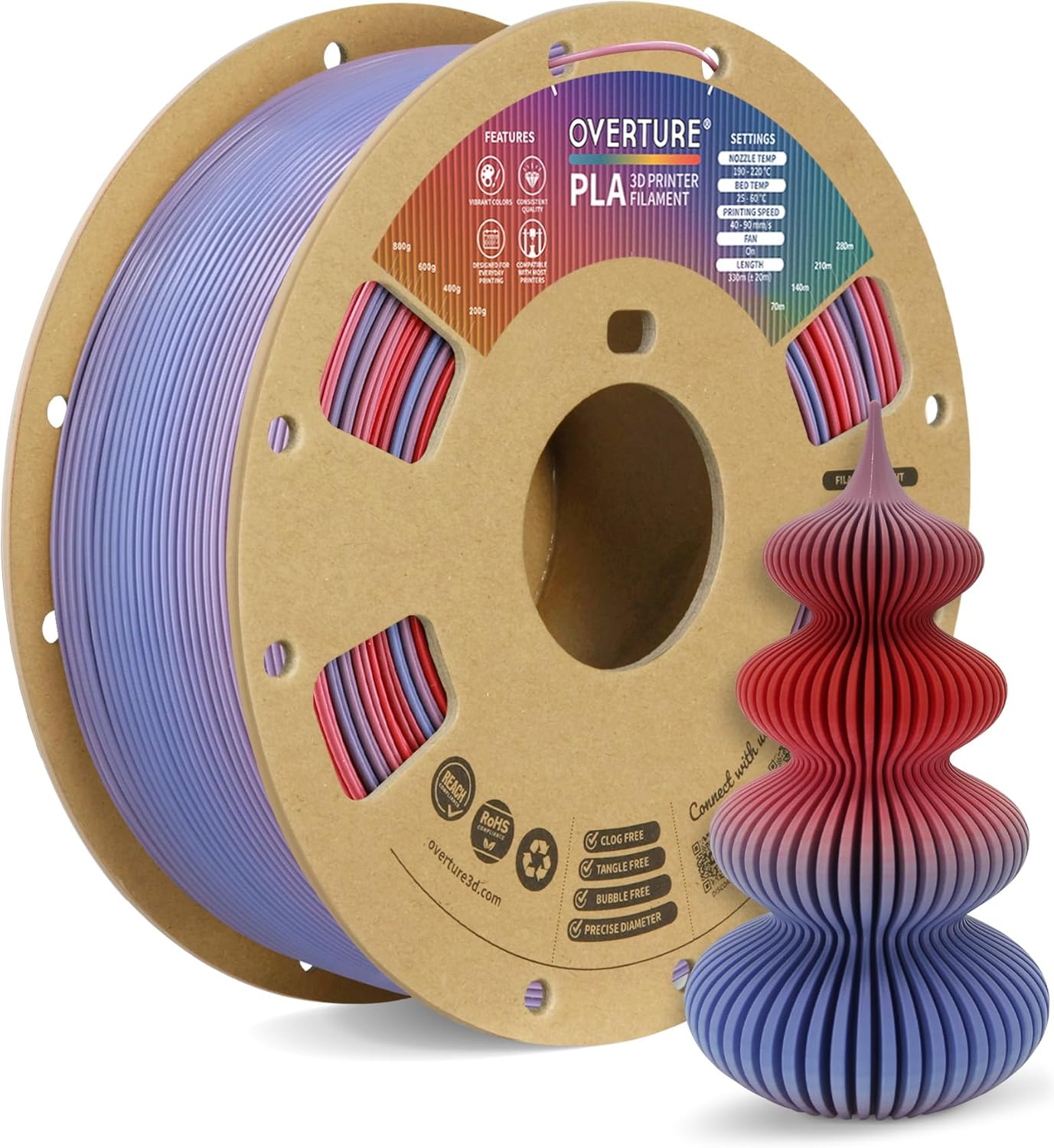 OVERTURE PLA Filament 1.75mm PLA 3D Printer Filament, 1kg Cardboard Spool (2.2lbs), Dimensional Accuracy +/- 0.02mm, Fit Most FDM Printer (Black 1-Pack) - PuriLite