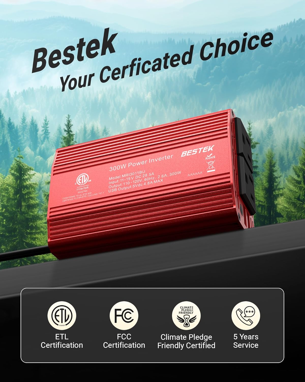 BESTEK Power Inverter DC 12V to AC 110V - 300W Car Plug Adapter Outlet with 4.8A Dual USB Fast Charging Port - Car Charger Cigarette Lighter Adapter for Phone, Laptop on Road Trip - Aluminum Housing - PuriLite
