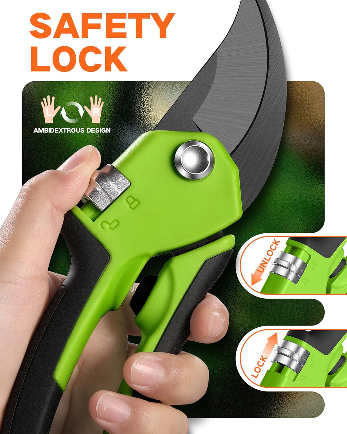 VOTREK Pruning Shears - 8.5" Heavy Duty Bypass Pruners for Gardening with Built-in Spring & SK5 Steel Blades - Ergonomic Adjustable Handle for All Hand Sizes, Garden Clipper Plant Scissors for Branch - PuriLite